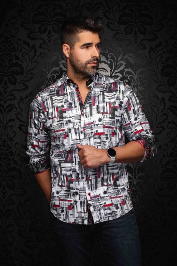 Chemise sport manches longues AU NOIR (BLANC/ROUGE - 252032) - Modèle: BROOKLYN